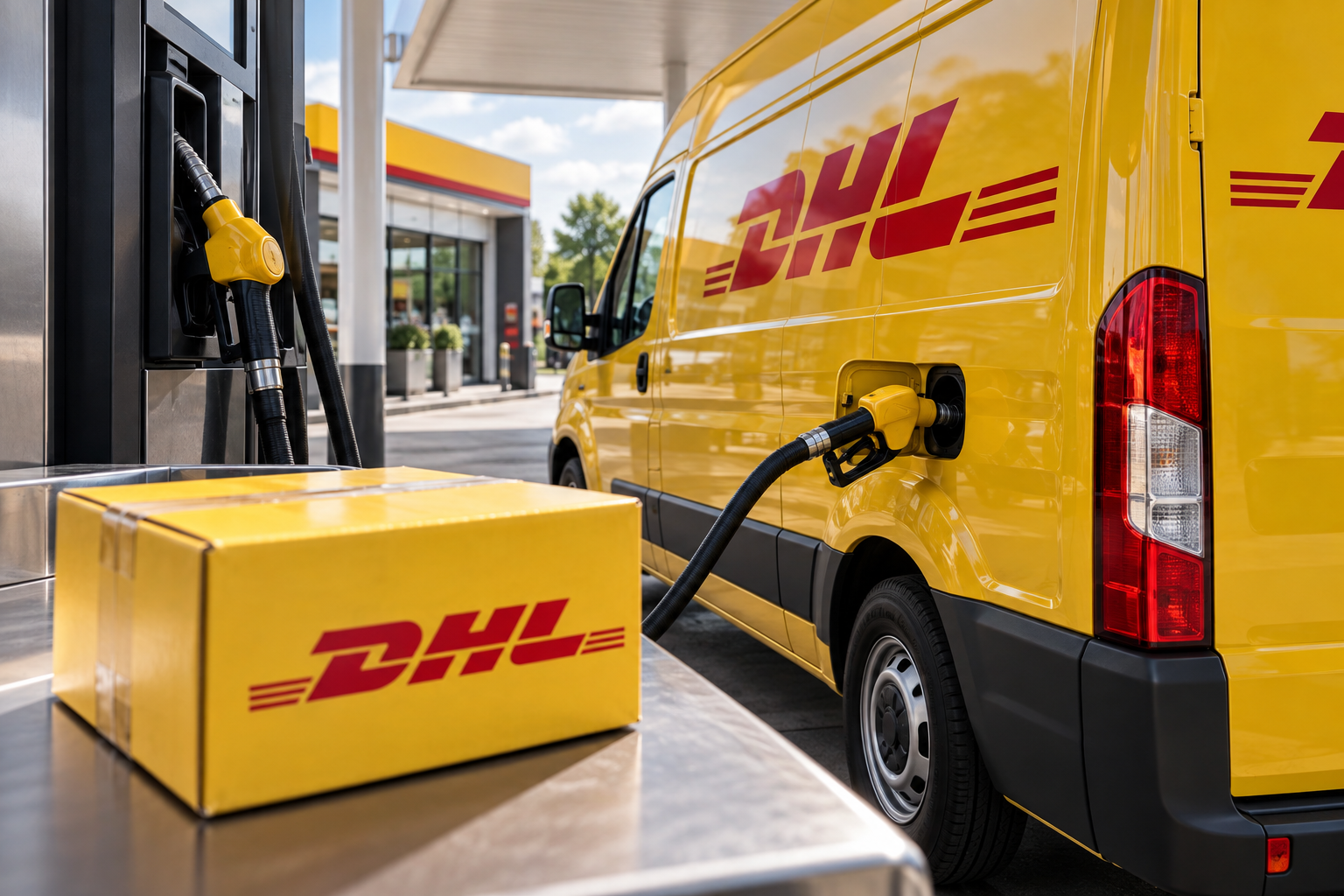 AI-generated editorial composite of a DHL van beside a fuel pump